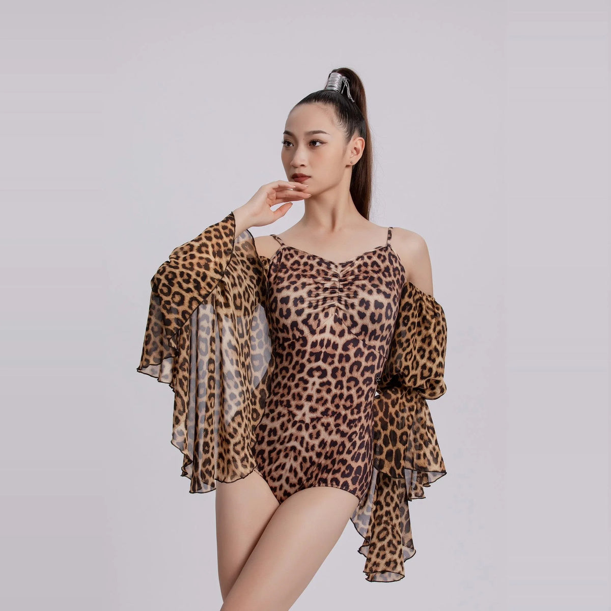 Dance Leotard Women's Leopard Print Off-Shoulder Ruffled Long Sleeve Spandex Latin Dance Bodysuit