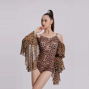 Dance Leotard Women's Leopard Print Off-Shoulder Ruffled Long Sleeve Spandex Latin Dance Bodysuit