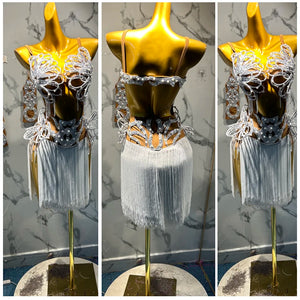 Women's White Fringe Rhinestone Latin Dance Dress with Straps
