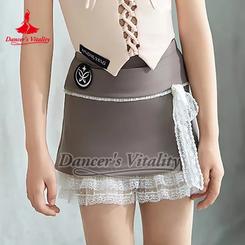 Girls' Pink Halter Crop Top and Grey Bell Bottom Dance Pants Set, Ruffled Waist, Lace-Up Front, Modern Dance