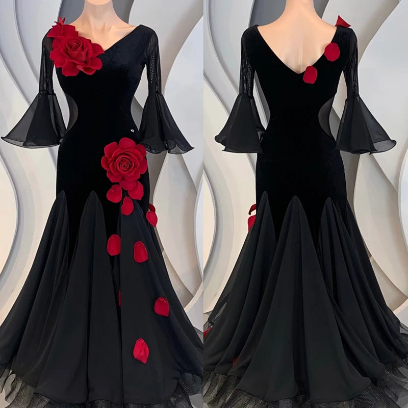 Women's Black Velvet & Chiffon Ballroom Dance Dress with Red Rose Appliques