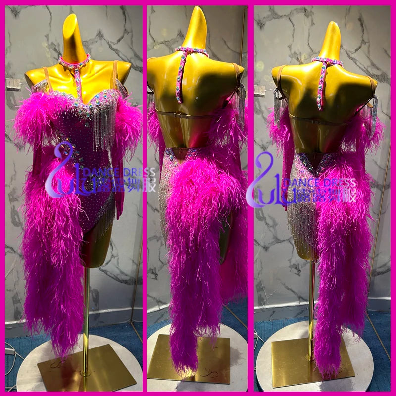 Latin Dance Dress Women's Fuchsia Ostrich Feather Rhinestone Fringe Bodysuit