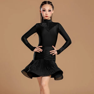 Girls' Black Ballroom Dance Dress with Lace Neckline and Ruched Waist, Long Sleeve Latin Dance Skirt