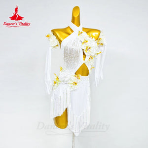 Women's Red Sequin Fringe Halter Latin Dance Dress with Floral Embellishments