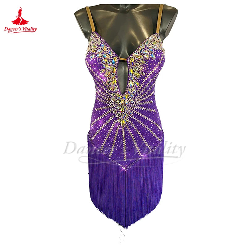 Adult Latin Ballroom Dance Skirt With Tassel Fringe Purple For Graded Exam And Competition