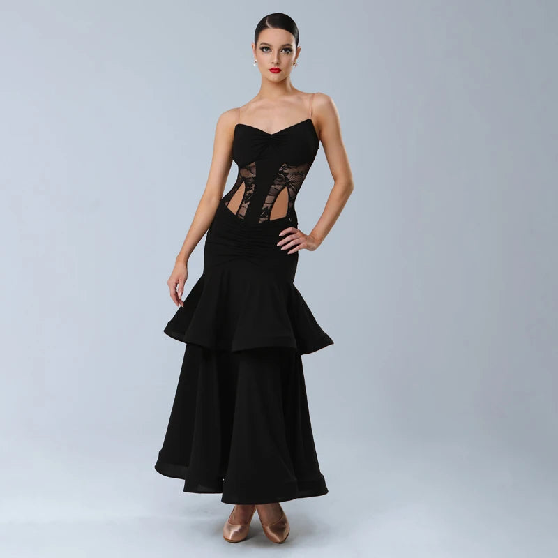 Women's Black Lace & Ruffled Latin Dance Dress with Open Back