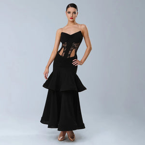 Women's Black Lace & Ruffled Latin Dance Dress with Open Back