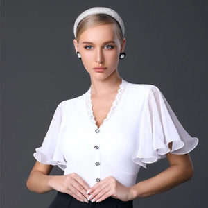 Ballroom Dance Bodysuit Women's White and Black V-Neck Lace Trim Chiffon Sleeve Button Front Jumpsuit