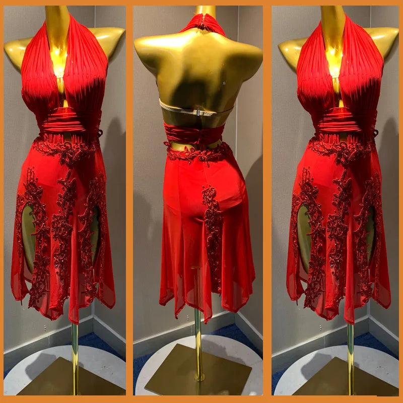 Women's Red Halter Neck Ruched Embellished Slit Latin Dance Dress