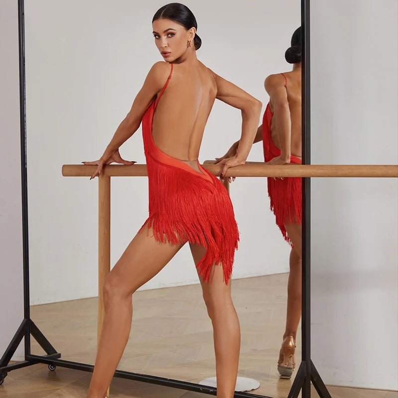 Women's Aqua, Red, Sage Green, Black Fringe V-Neck Spaghetti Strap Latin Salsa Dance Dress