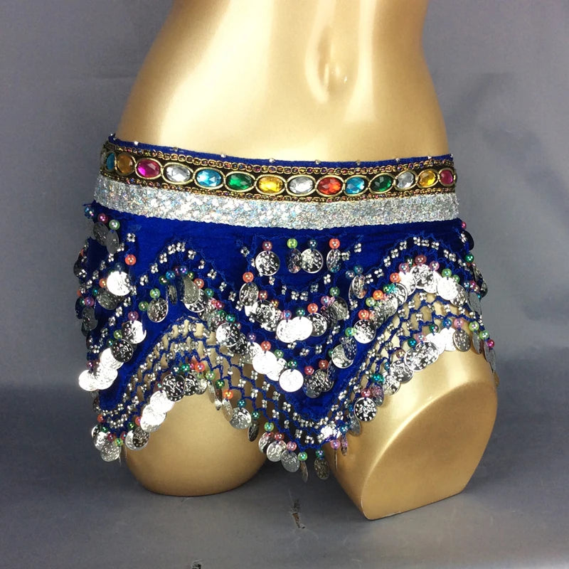 Belly Dance Hip Scarf, Women's Blue Gold Coin & Jewel Embellished Chiffon Waist Wrap, Tribal Fusion Bellydance
