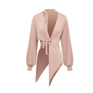 Women's Pink Ruched Asymmetrical Latin Dance Dress with Long Sleeves and Bralette Top