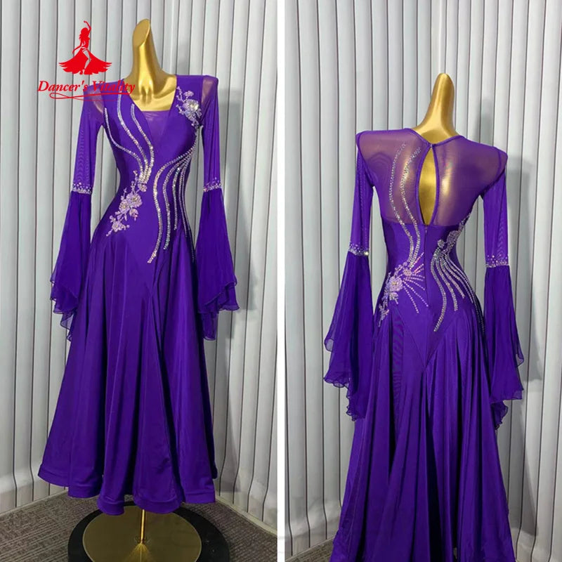 Women's Ballroom Dance Dress With Rhinestone Embellishment Long Sleeves And Fishtail Hem For Performance