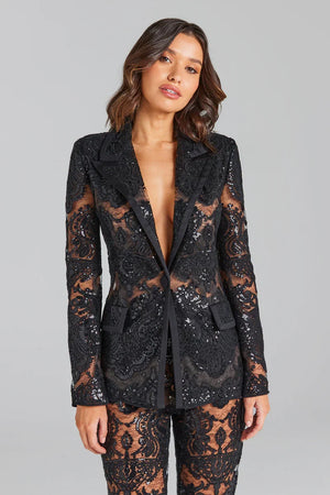 Women's Elegant Black Lace Two-Piece Set with Long Sleeve Jacket and Flared Pants