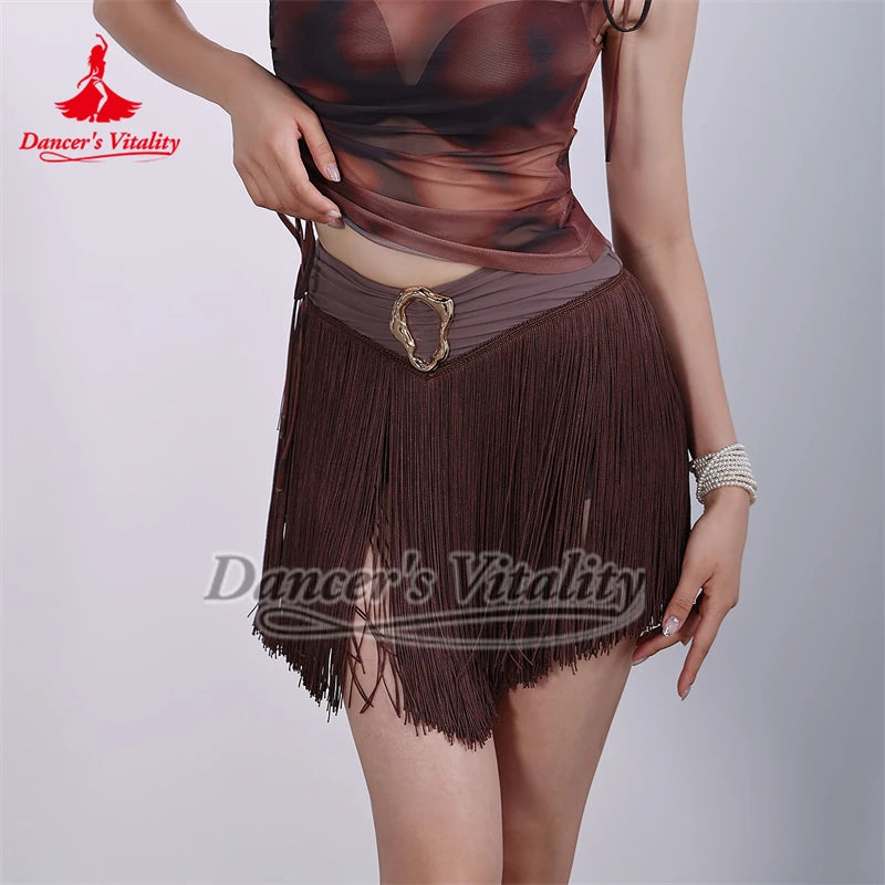 Women's Brown Mesh Sleeveless Tie-Side Fringe Skirt Latin Dancewear Set