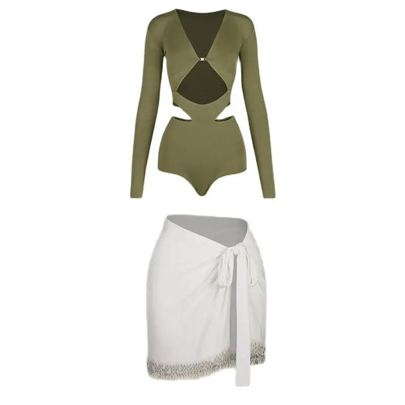 Women's Olive Green Long Sleeve Cutout Bodysuit with Gold Buckle, White Fringe Tie-Waist Skirt, Latin Dancewear