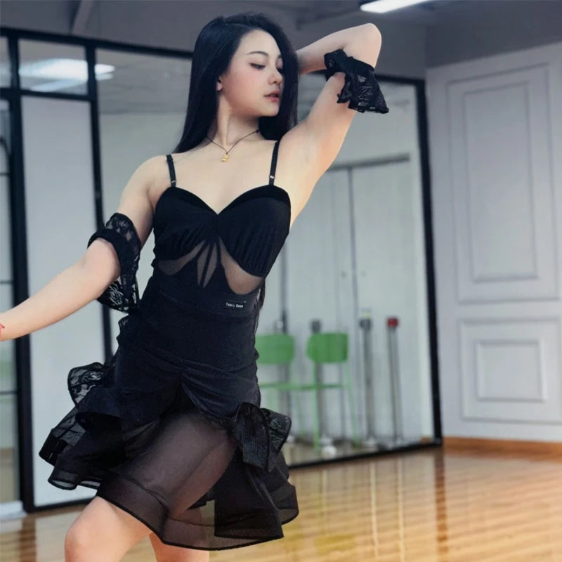 Women's Black Mesh Ruffled Latin Rhythm Salsa Dance Dress