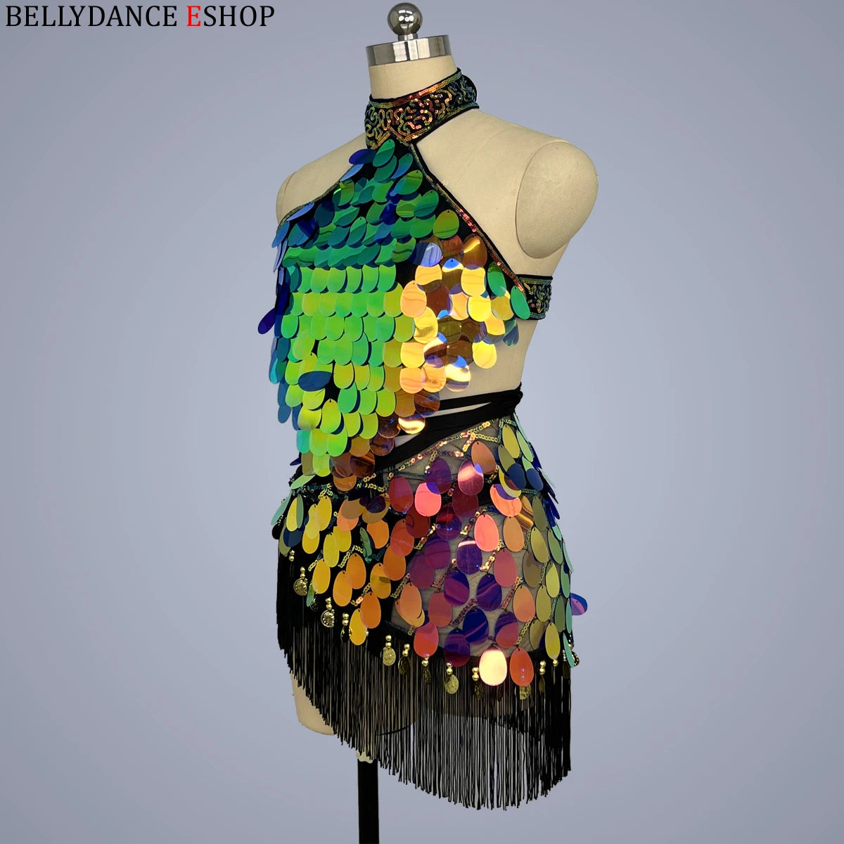 Belly Dance Halter Top and Skirt Set, Women's Iridescent Sequin Fringe Latin Dance Costume