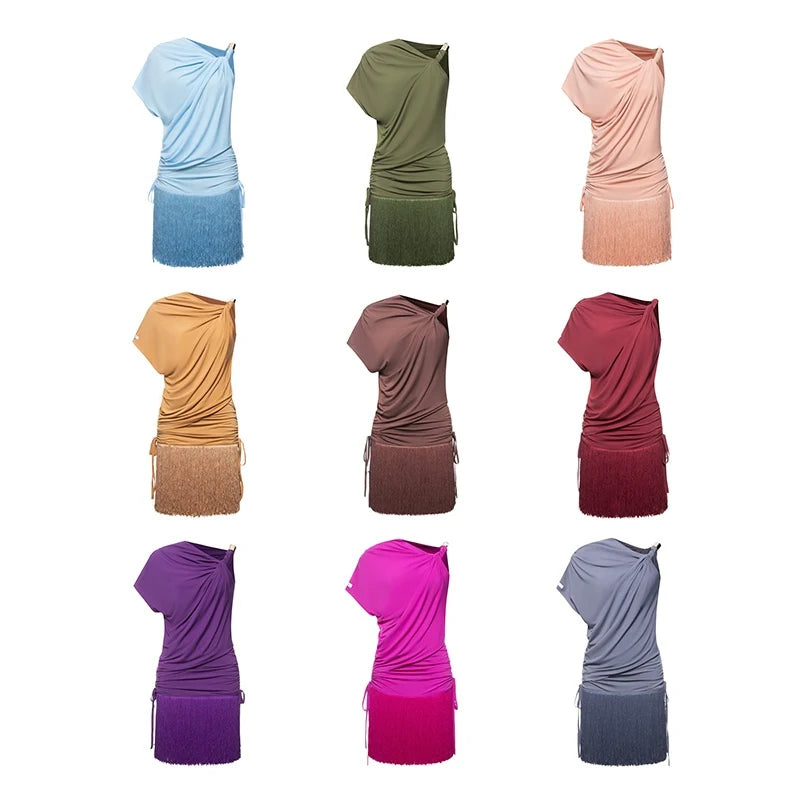 Women's Blue One-Shoulder Ruched Fringe Latin Dance Dress