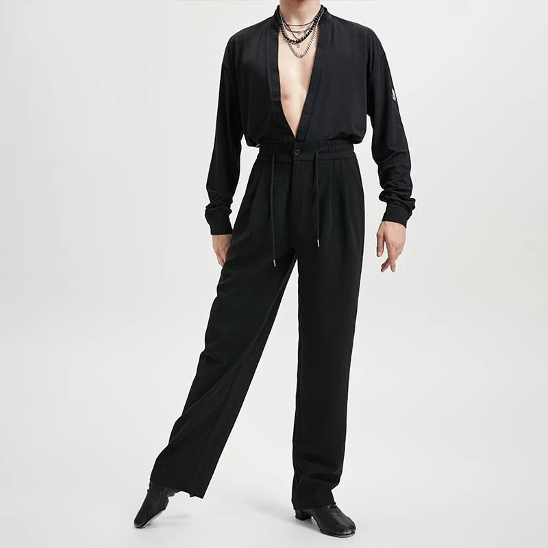 Dance Pants, Women's Black Elastic Waist Wide Leg Dance Trousers for Ballroom and Latin