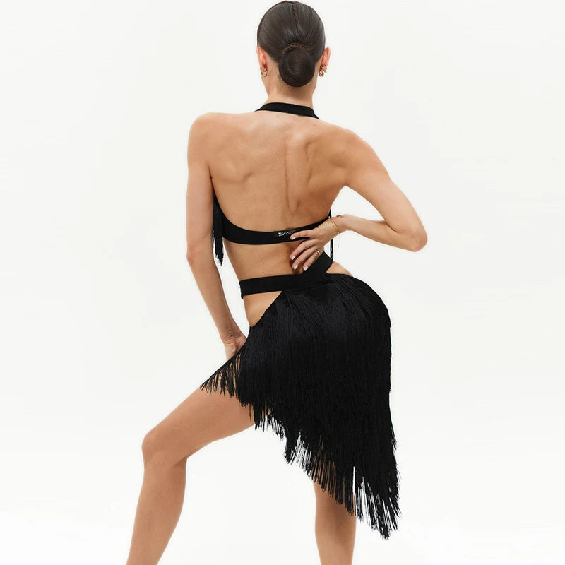 Women's Black Fringe Halter Top and Asymmetrical Skirt Latin Dance Set