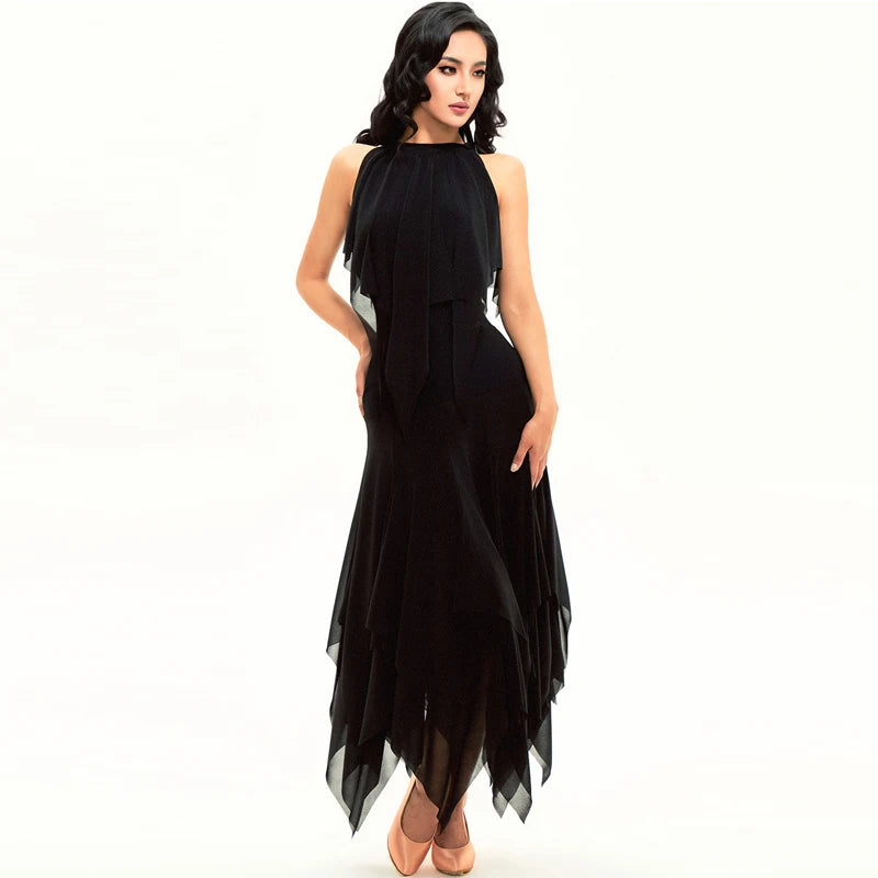 Women's Black Chiffon Halter Asymmetrical Layered Ballroom Dance Dress
