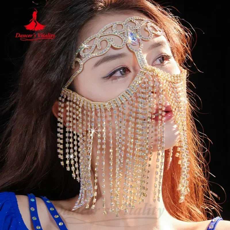 Women's Belly Dance Face Veil With Metal Diamond Chain For Adult Competition Performance