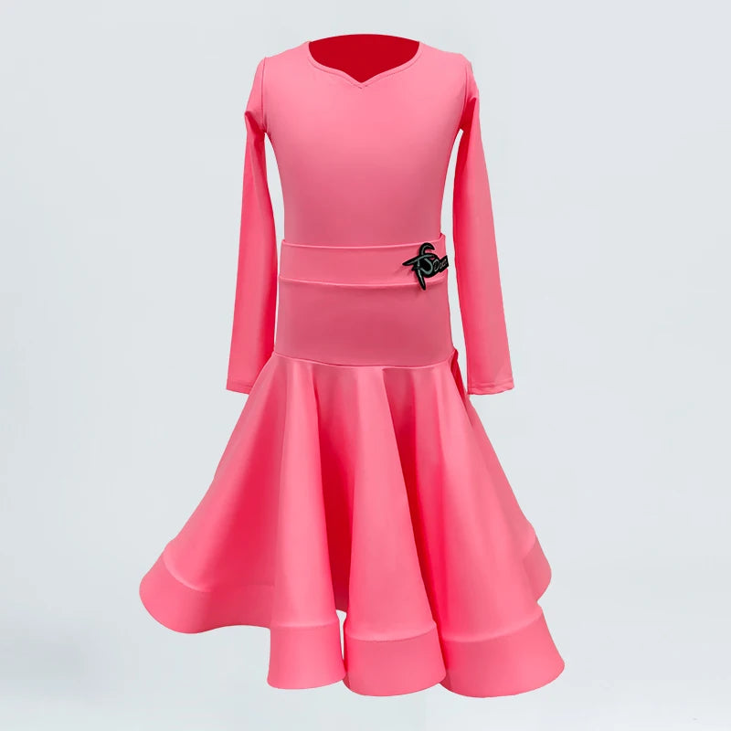 Girls Latin Dance Dress, Brown Red Black White Faux Leather Long Sleeve Skirt