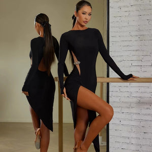 Dance Dress Women's Black Long Sleeve Side Cut-Out Asymmetrical Hem Ballroom Latin Dance Dress