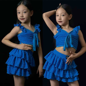 Girls Blue Ruffled Crop Top and Tiered Skirt Dancewear Set, Polyester Spandex