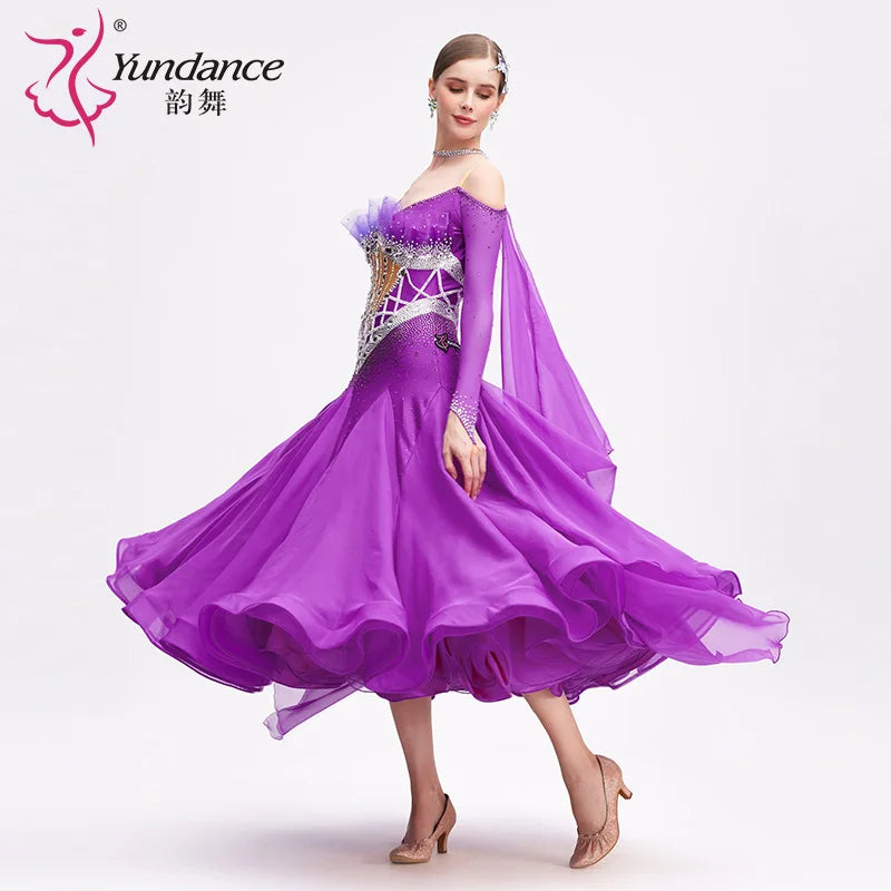 Women's International Standard Ballroom Dance Dress With Chiffon In Amaranth For Competition