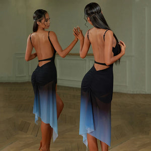 Women's Black Ombre Mesh Ruched Slit Spaghetti Strap Bodycon Latin Dance Dress