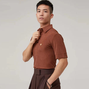 Men's Brown Ribbed Polo Dance Shirt with High-Waisted Pleated Trousers for Latin Ballroom