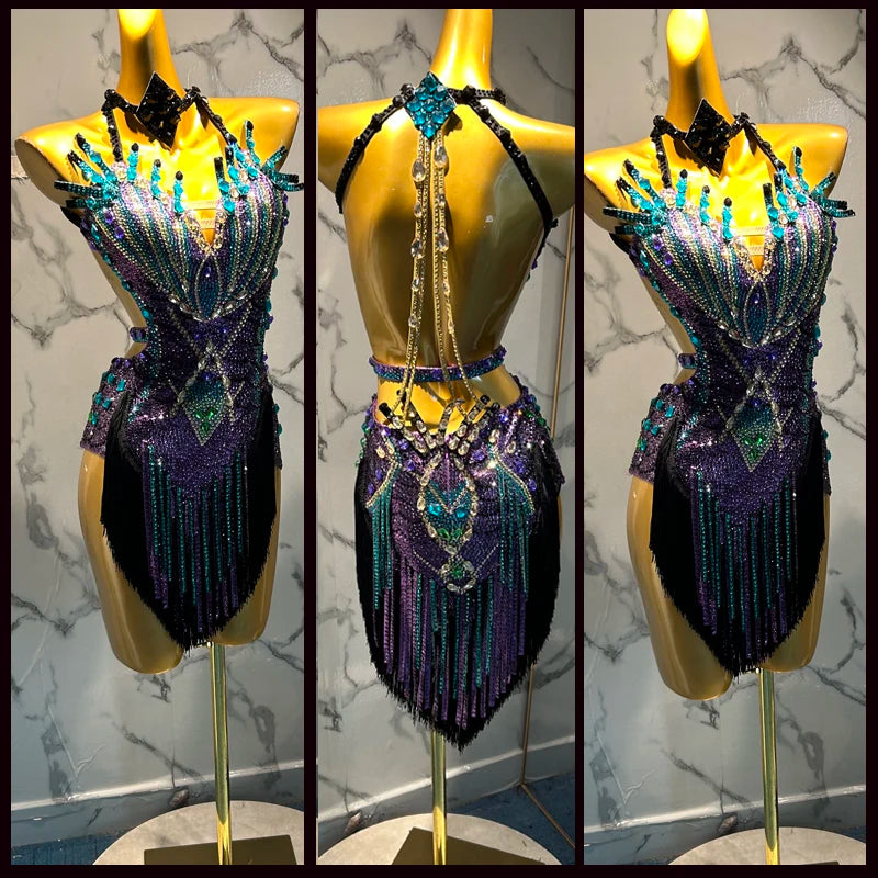 Women's Purple Teal Embellished Fringe Sequin Latin Dance Dress
