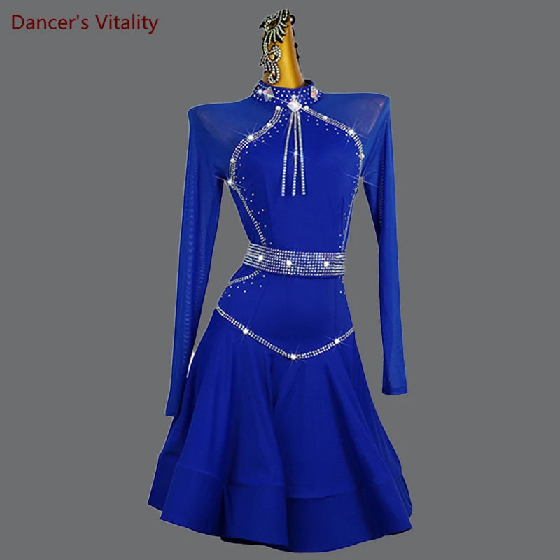 Women's Royal Blue Rhinestone Mesh Long Sleeve Latin Ballroom Dance Dress