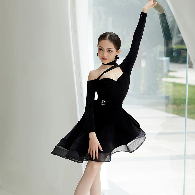 Girls Black Velvet Off-Shoulder Latin Dance Dress with Choker Neckline and Tiered Skirt