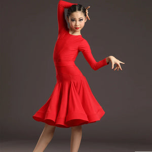 Girls Latin Dance Dress, Multi-Color Long Sleeve Ruffled Skirt Ballroom Performance Costume