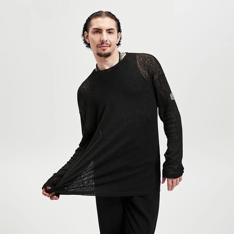 Men's Black Sheer Knit Long Sleeve Loose Fit Dance Top