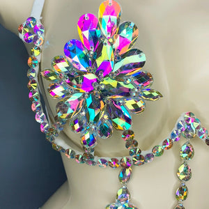 Dance Bra, Women's White Iridescent Crystal Rhinestone Embellished Halter Top, Belly Dance