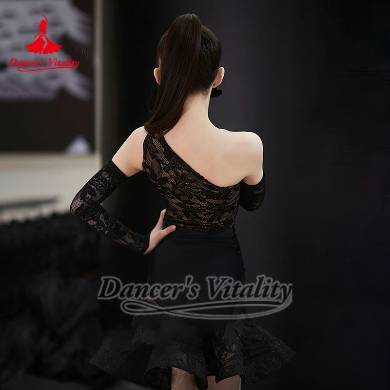 Women's Black & White Lace One-Shoulder Ruffle Latin Dance Dress