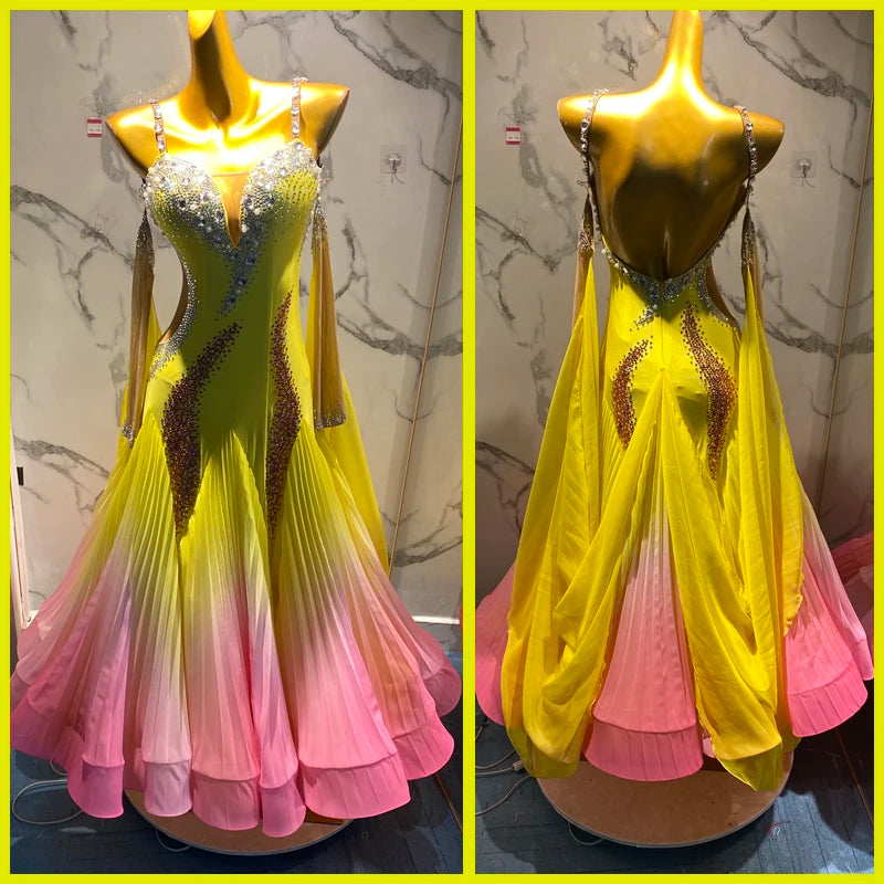 Women's Yellow and Pink Ombre Pleated Rhinestone Ballroom Dance Dress