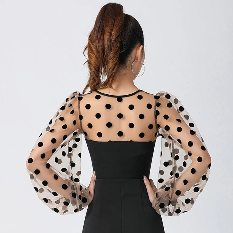 Women's Black Polka Dot Mesh Sleeve Latin Dance Top