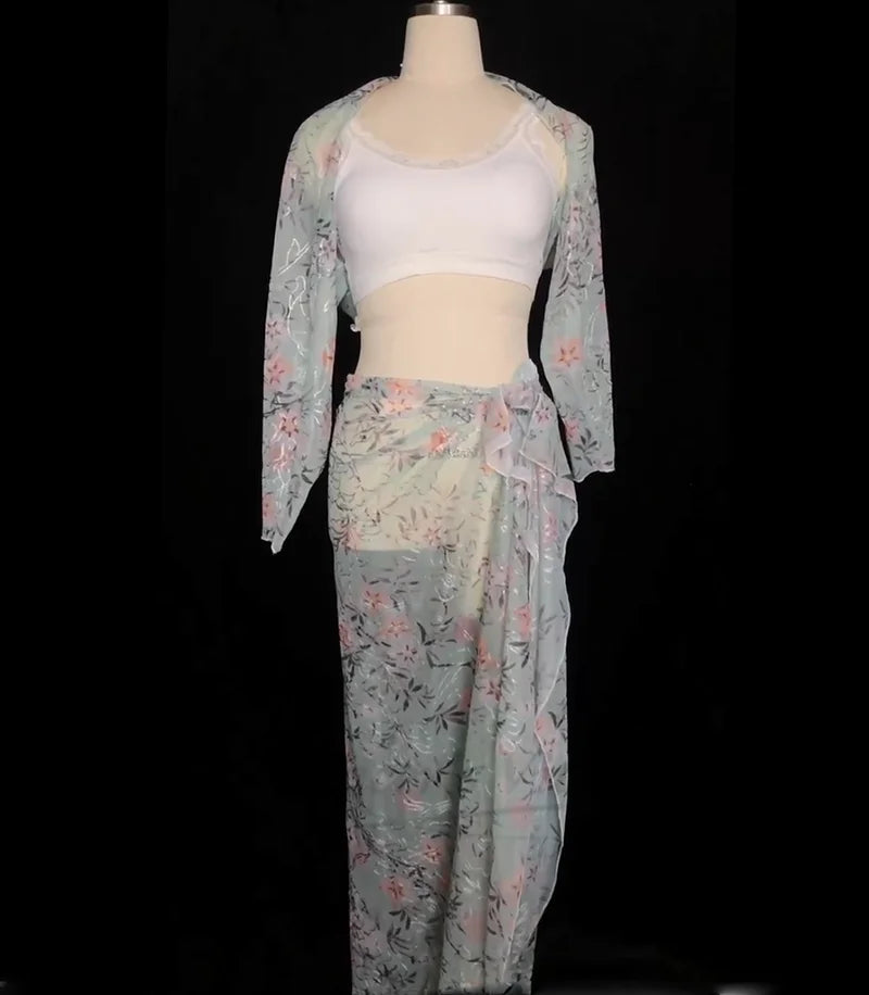 Belly Dance Costume Women's Leopard Print Chiffon Long Sleeve Crop Top and Slit Skirt Set with Fishnet Tights