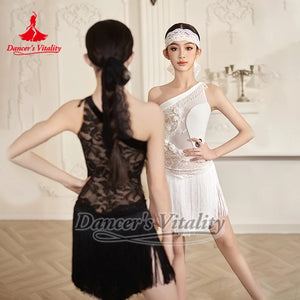 Latin Dance Dress, Girls Black One Shoulder Lace Fringe Velvet Ballroom Competition Costume