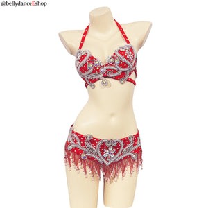 Belly Dance Bra and Belt Set, Women's White Embellished Sequin and Bead Halter Top and Fringe Hip Scarf, Professional Performance Costume