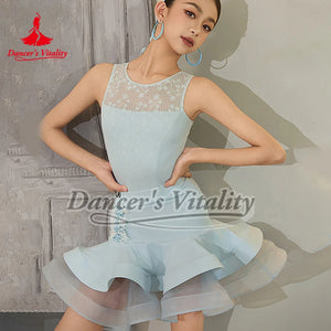 Girls' Light Blue & Light Yellow Lace Sleeveless Ruffle Hem Latin Dance Dress