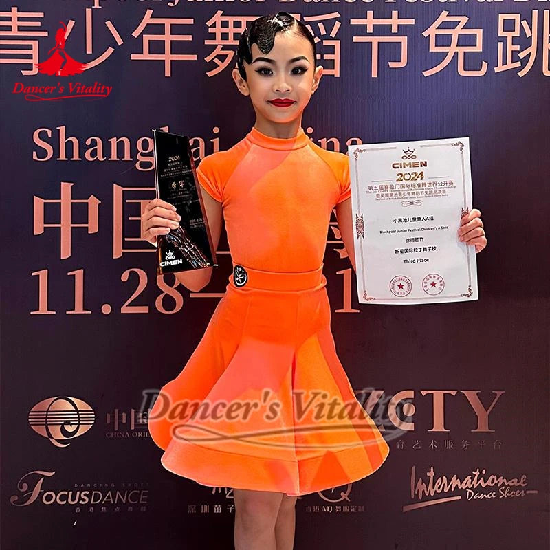 Girls' Orange Short Sleeve Mock Neck Latin Dance Dress with Pleated Skirt