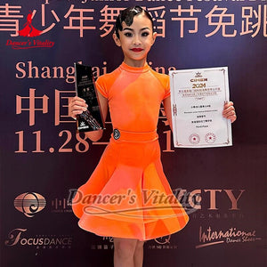 Girls' Orange Short Sleeve Mock Neck Latin Dance Dress with Pleated Skirt