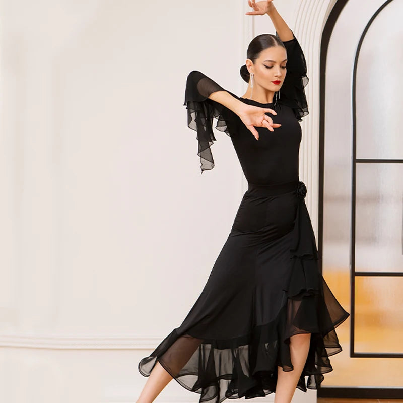 Ballroom Dance Dress Women's Yellow Mesh Ruffle Sleeve Asymmetrical Skirt, Ballroom Dance Dress Women's Black Mesh Ruffle Sleeve Asymmetrical Skirt