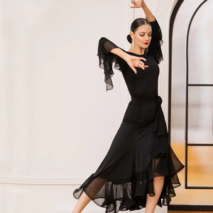 Ballroom Dance Dress Women's Yellow Mesh Ruffle Sleeve Asymmetrical Skirt, Ballroom Dance Dress Women's Black Mesh Ruffle Sleeve Asymmetrical Skirt